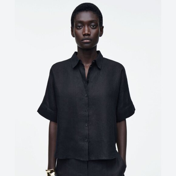 COS Boxy Linen Short-Sleeve Button-Up Shirt in Black, size 10 - Picture 1 of 9